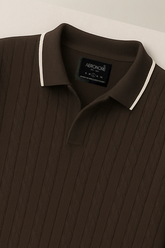 Wool Cable Knit Polo Sweater - Saddle Brown